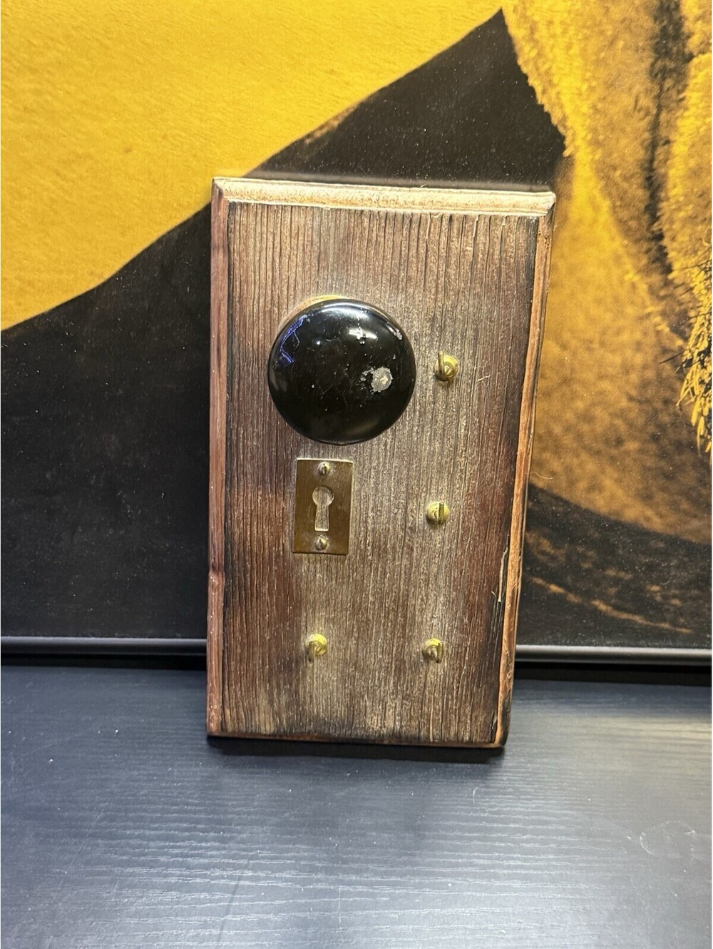 Vintage Rustic Mini Door Wall Key Holder 4 Brass Hooks Wood 10x6